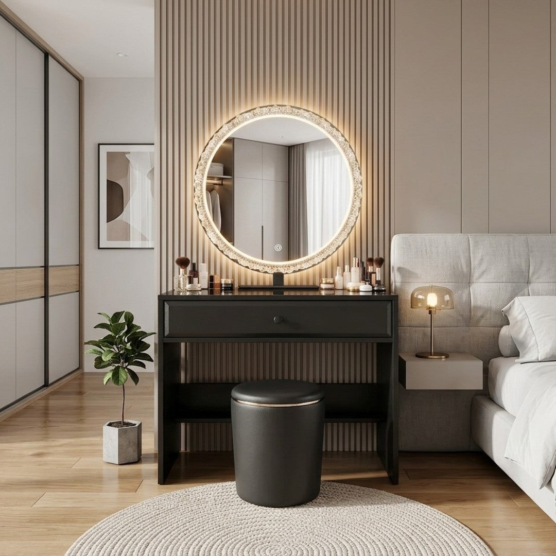 Vivienne Black Vanity Desk with Crystal LED Mirror & Stool Grandeur Furnishings