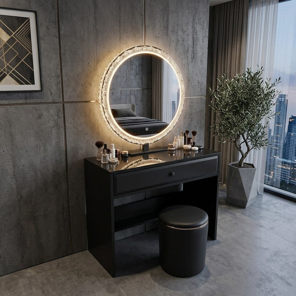 Vivienne Black Vanity Desk with Crystal LED Mirror & Stool Grandeur Furnishings