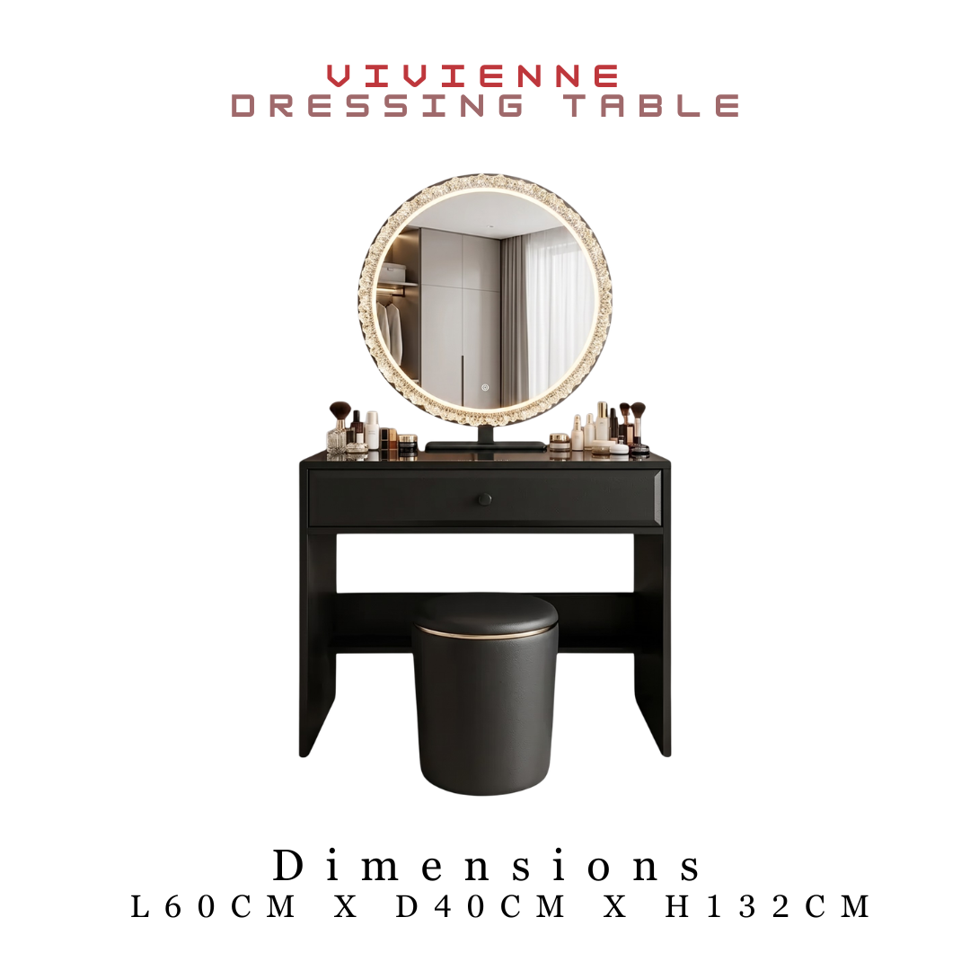 Vivienne Black Vanity Desk with Crystal LED Mirror & Stool Grandeur Furnishings