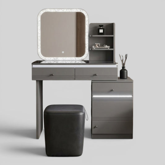 Verona Grey Dressing Table Set with LED Mirror, Shelves & Stool Grandeur Furnishings