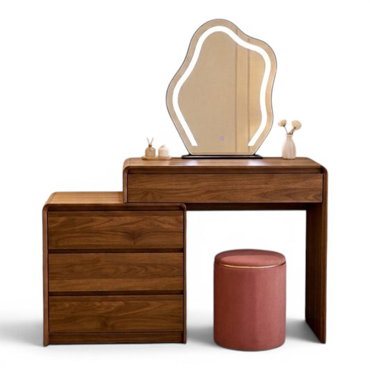 Florence Walnut Dressing Table Set with LED Lighted Mirror & Stool Grandeur Furnishings