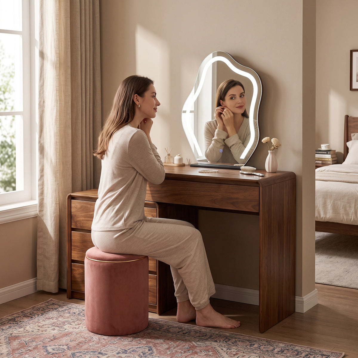 Florence Walnut Dressing Table Set with LED Lighted Mirror & Stool Grandeur Furnishings