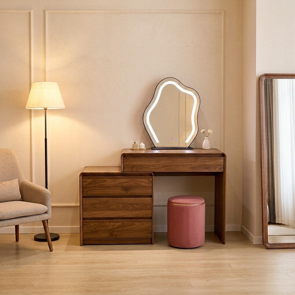 Florence Walnut Dressing Table Set with LED Lighted Mirror & Stool Grandeur Furnishings