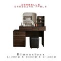 Isabelle walnut-look dressing table with mirror, side shelves and dimensions