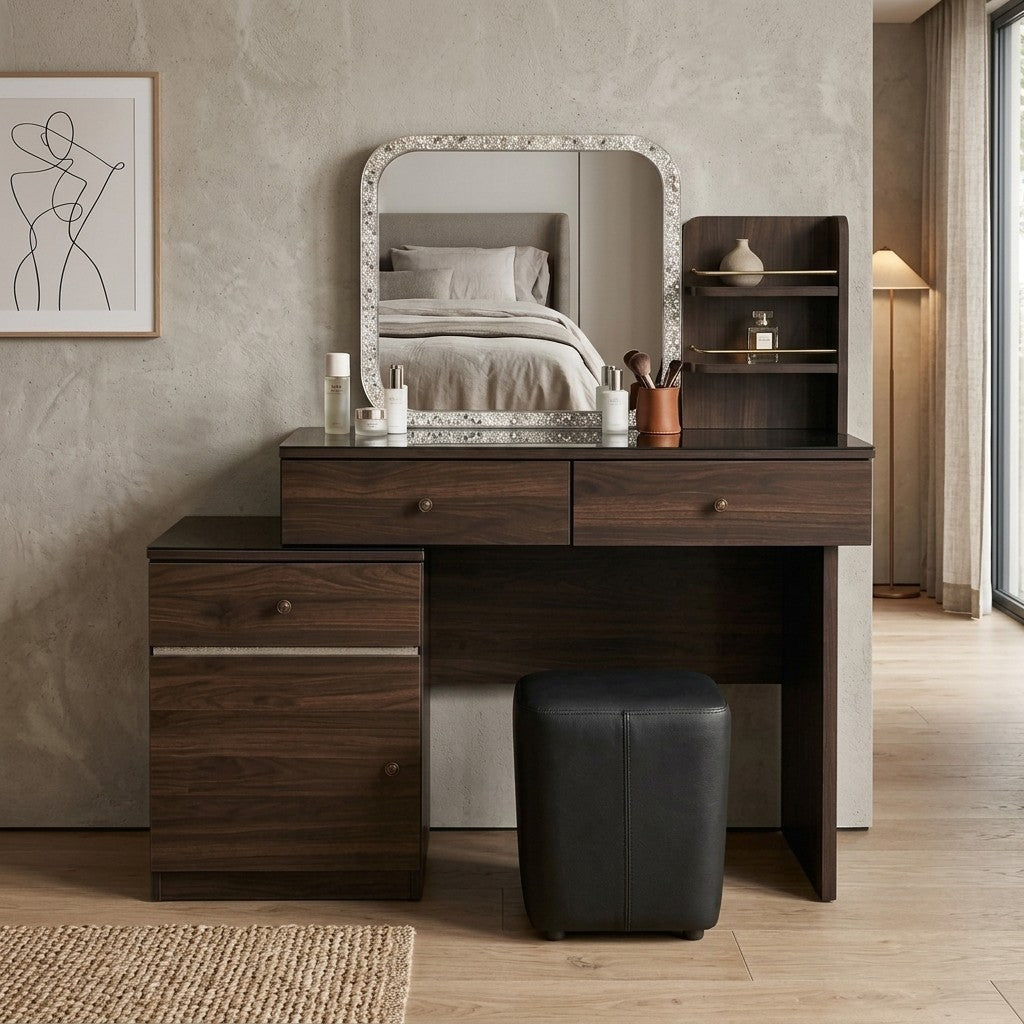 Isabelle Walnut Dressing Table Set with Mirror, Shelves & Stool Grandeur Furnishings