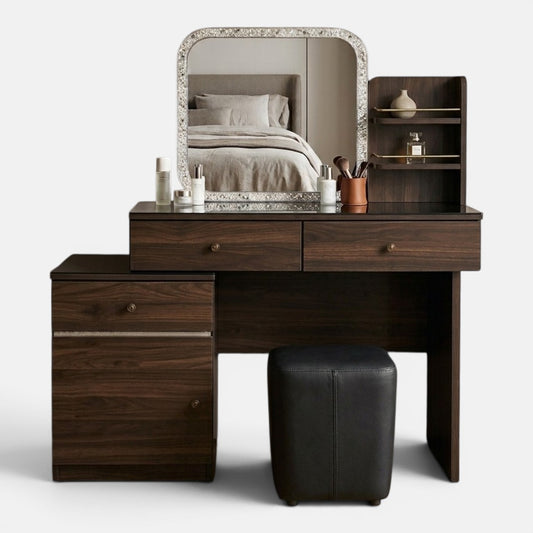 Isabelle Walnut Dressing Table Set with Mirror, Shelves & Stool Grandeur Furnishings