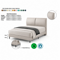 Beige upholstered bed with dimensions and feature callouts