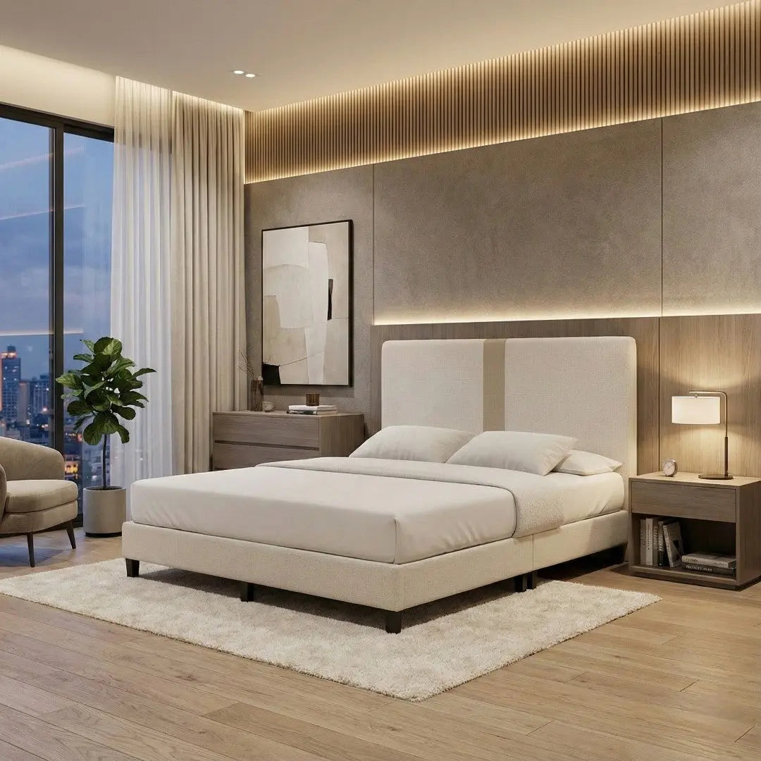 Calden Divan Bed Frame - Modern Fabric Upholstery with Two-Tone Headboard Design Grandeur Furnishings