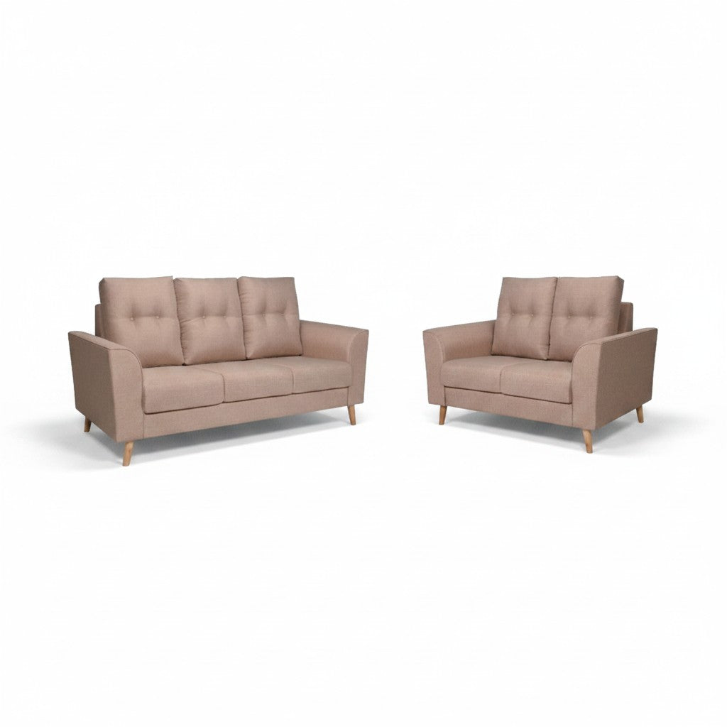 Beige Kova two-seater and three-seater sofas with button-tufted backs