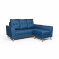 Blue Kova sofa with matching ottoman and wood legs
