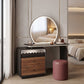 Rosé Black & Wood Vanity Set with Round LED Mirror & Stool Grandeur Furnishings