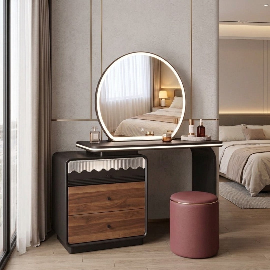 Rosé Black & Wood Vanity Set with Round LED Mirror & Stool Grandeur Furnishings
