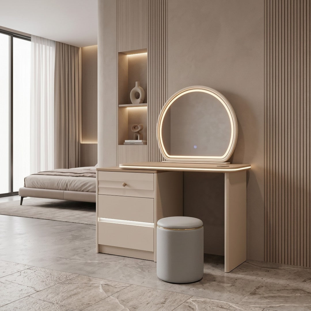 Chérie Modern Dressing Table Set with LED Lighted Mirror & Stool Grandeur Furnishings