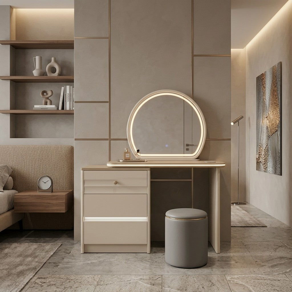 Chérie Modern Dressing Table Set with LED Lighted Mirror & Stool Grandeur Furnishings