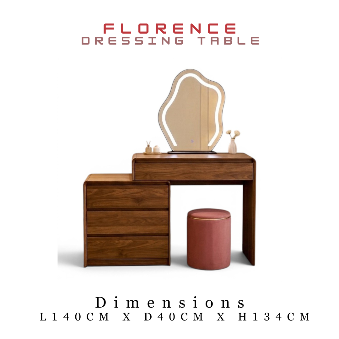 Florence Walnut Dressing Table Set with LED Lighted Mirror & Stool Grandeur Furnishings
