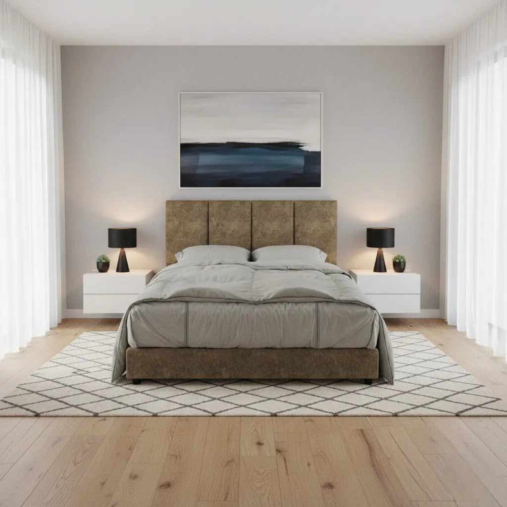 Modern Fabric Upholstered Bed Frame with Padded Vertical Panel Headboard Grandeur Furnishings