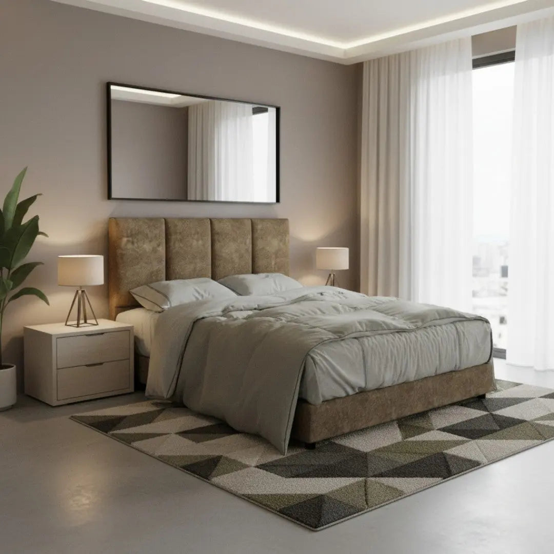 Modern Fabric Upholstered Bed Frame with Padded Vertical Panel Headboard Grandeur Furnishings