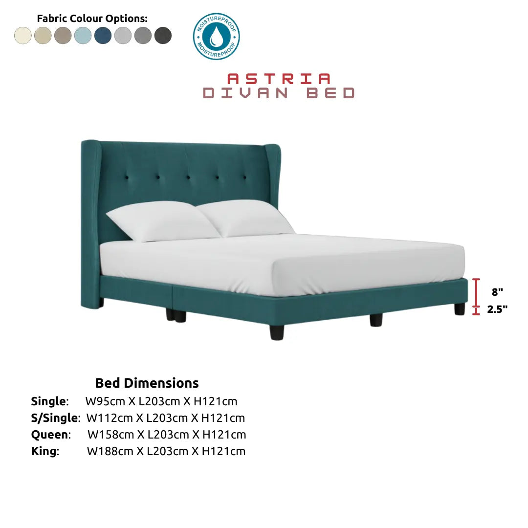 Astria Divan Bed Frame | Moisture-Proof Fabric | Elegant Wingback Tufted Headboard Grandeur Furnishings