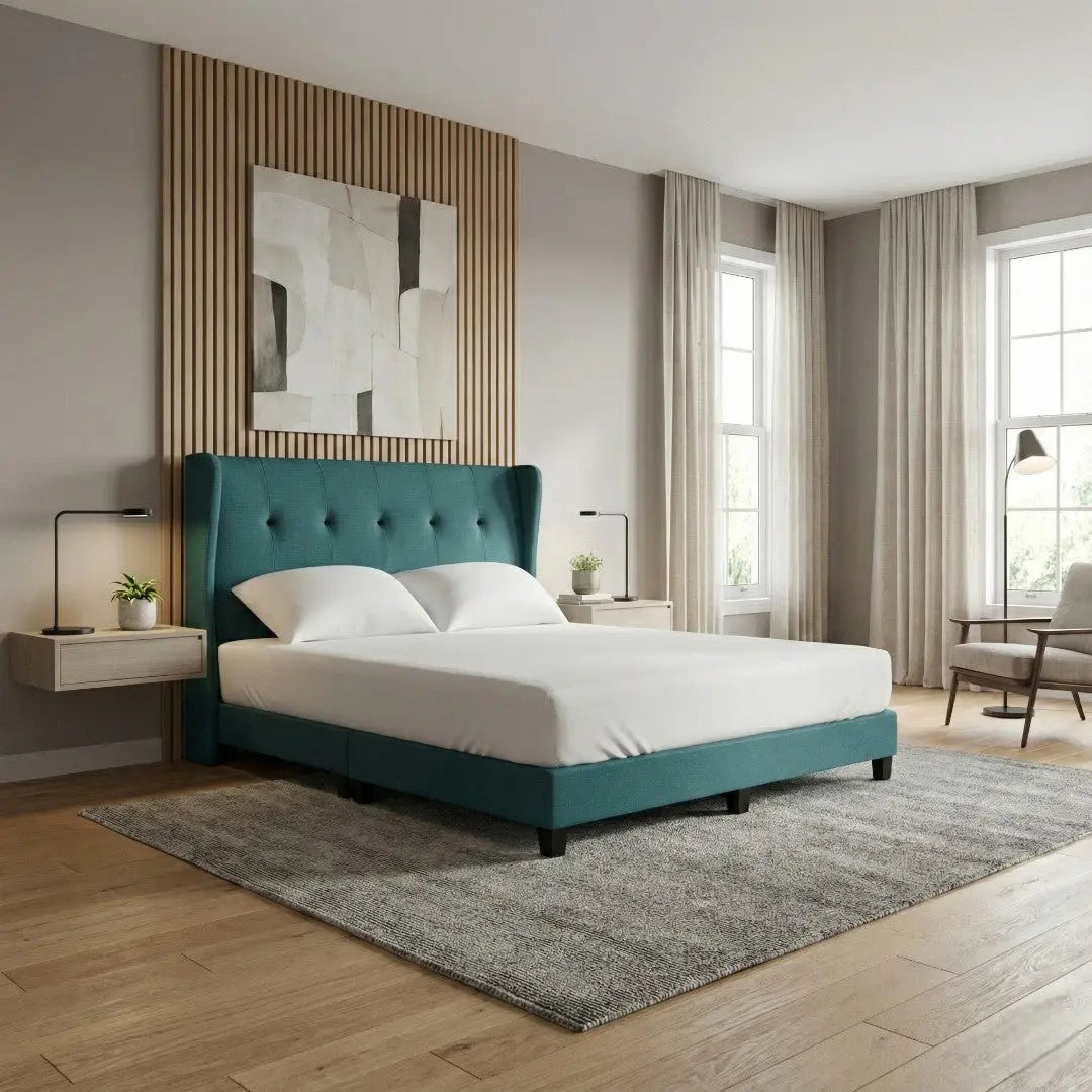 Astria Divan Bed Frame | Moisture-Proof Fabric | Elegant Wingback Tufted Headboard Grandeur Furnishings
