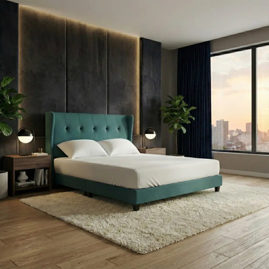 Astria Divan Bed Frame | Moisture-Proof Fabric | Elegant Wingback Tufted Headboard Grandeur Furnishings