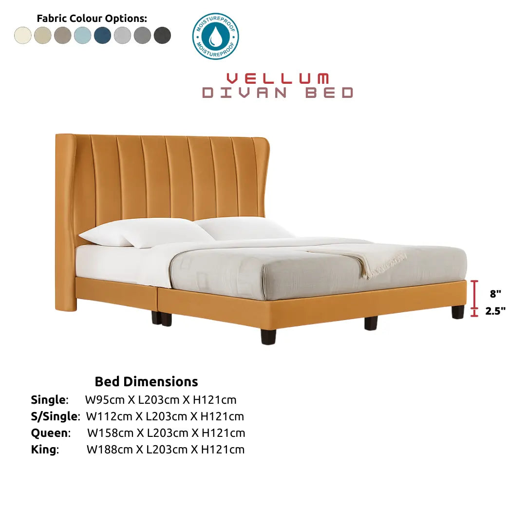 Vellum Premium Divan Bed Frame | Wingback Headboard with Vertical Tufting | Moisture-Proof Fabric Grandeur Furnishings