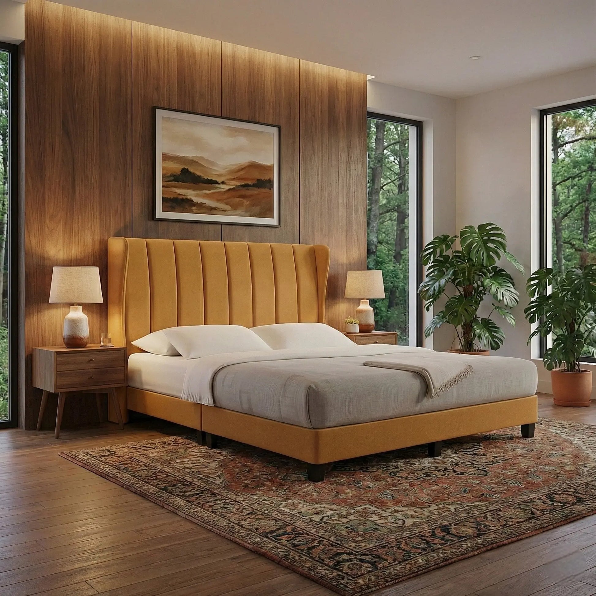 Vellum Premium Divan Bed Frame | Wingback Headboard with Vertical Tufting | Moisture-Proof Fabric Grandeur Furnishings