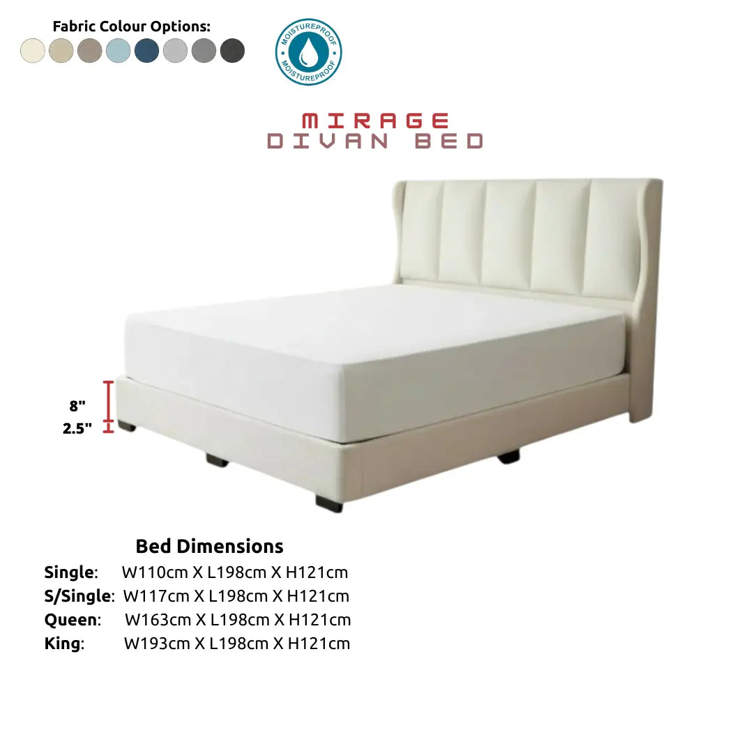 Mirage Premium Divan Bed Frame | Winged Headboard Design | Moisture-Proof Fabric Grandeur Furnishings