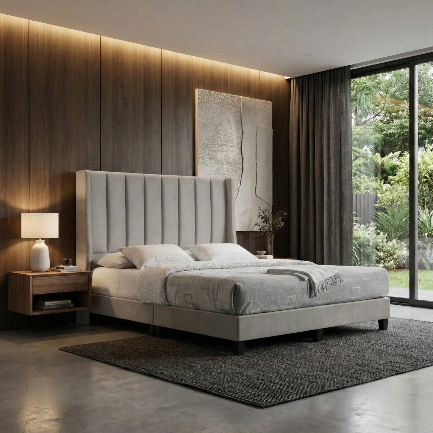 Seraph Divan Bed Frame | Luxury Wingback Headboard | Moisture-Proof Fabric | Vertical Tufted Design Grandeur Furnishings