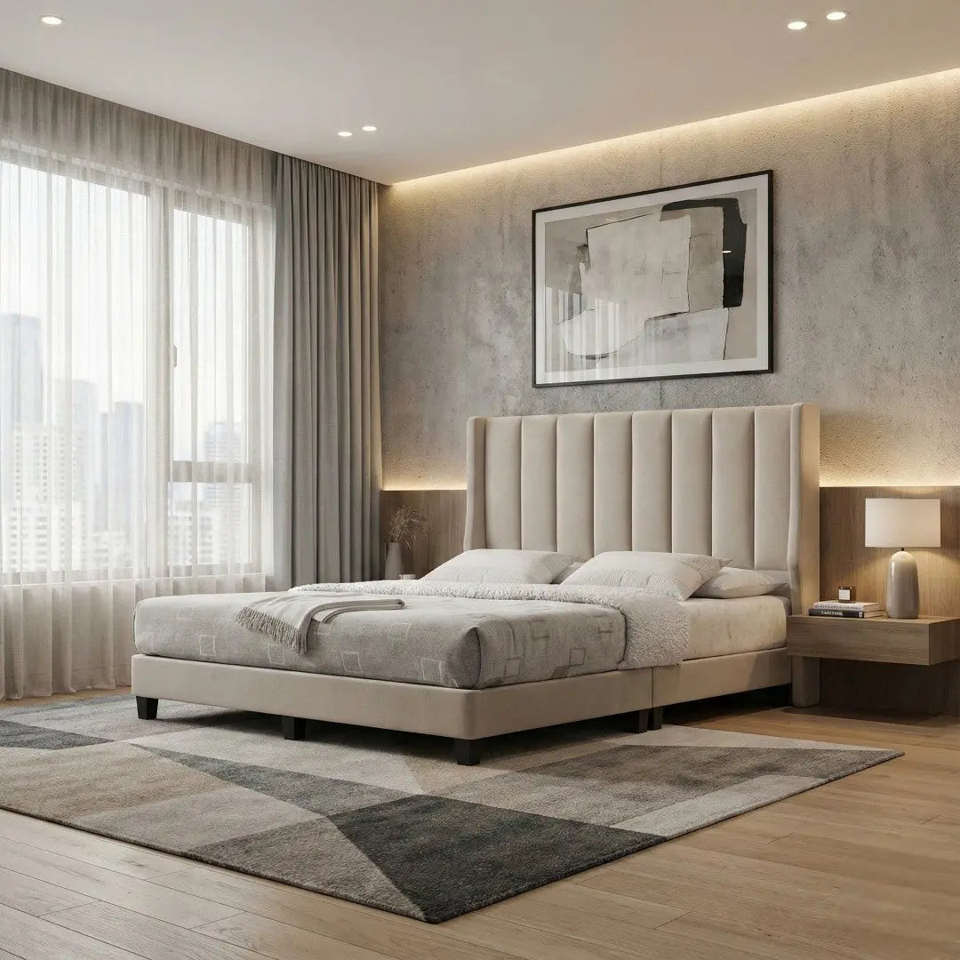 Seraph Divan Bed Frame | Luxury Wingback Headboard | Moisture-Proof Fabric | Vertical Tufted Design Grandeur Furnishings