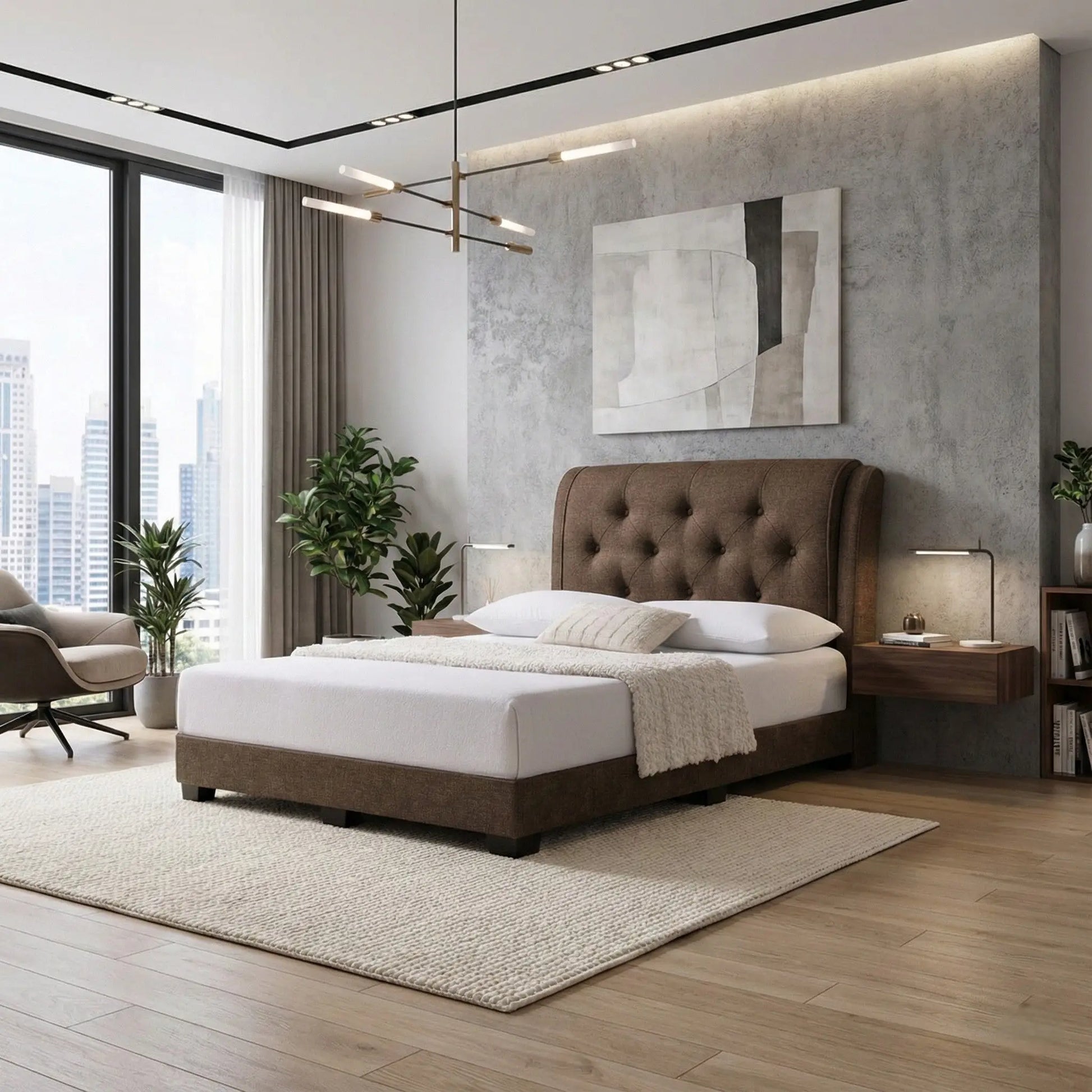 Mirevo Classic Fabric Bed Frame with Tall Winged Headboard Grandeur Furnishings