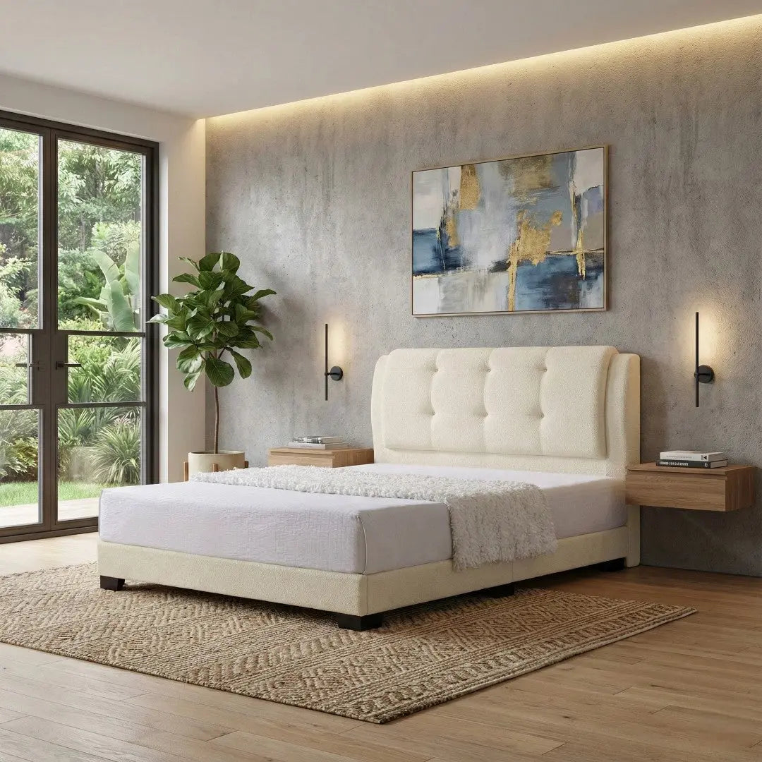 Ovelle Designer Divan Bed - Plush Button Tufted Wing Headboard with Low Profile Base Grandeur Furnishings