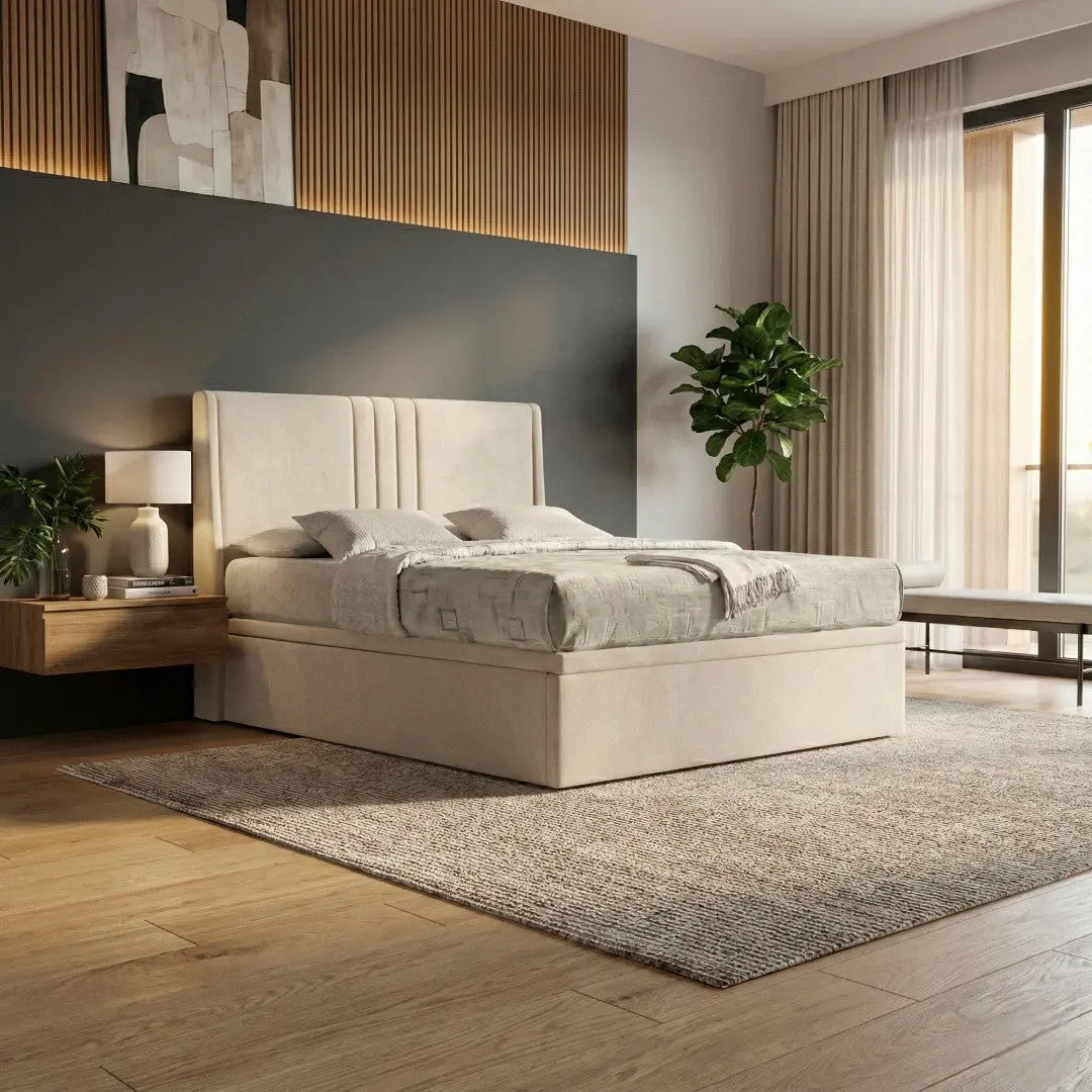 Selene Luxury Upholstered Storage Bed with 14" Base & Deep Storage | Modern Fluted Winged Headboard | Moisture Resistant Fabric Grandeur Furnishings