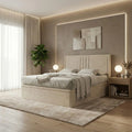 Beige Selene bed in a softly lit bedroom