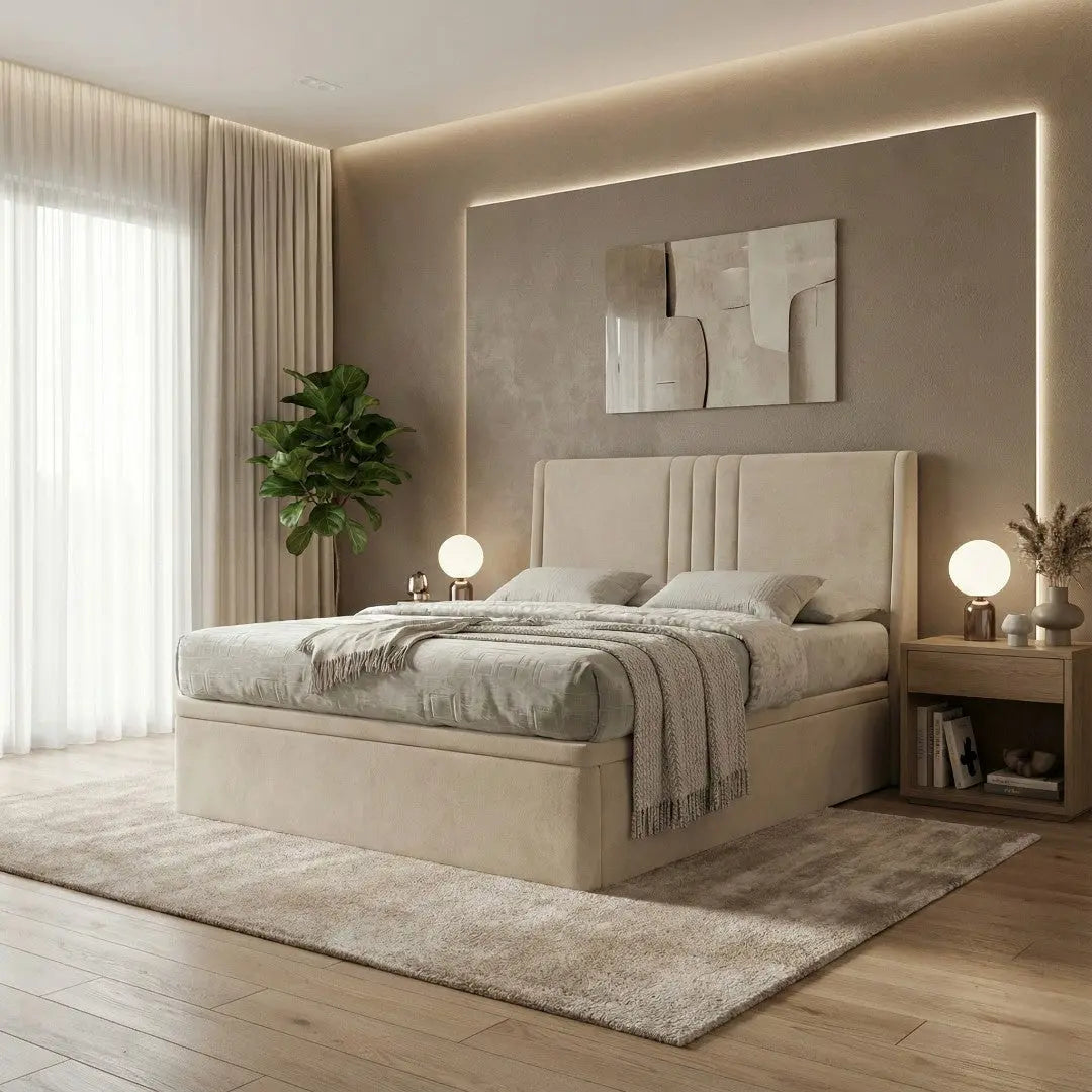 Selene Luxury Upholstered Storage Bed with 14" Base & Deep Storage | Modern Fluted Winged Headboard | Moisture Resistant Fabric Grandeur Furnishings