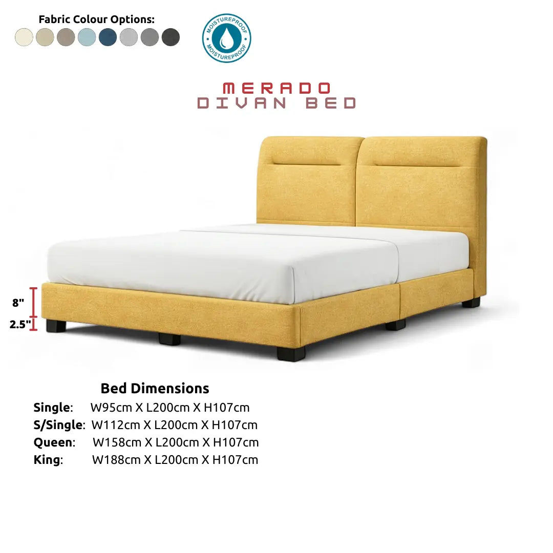 Merado Fabric Divan Bed - 8 Inch Base with Modern Minimalist Headboard Grandeur Furnishings