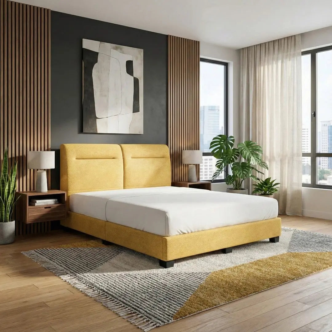 Merado Fabric Divan Bed - 8 Inch Base with Modern Minimalist Headboard Grandeur Furnishings