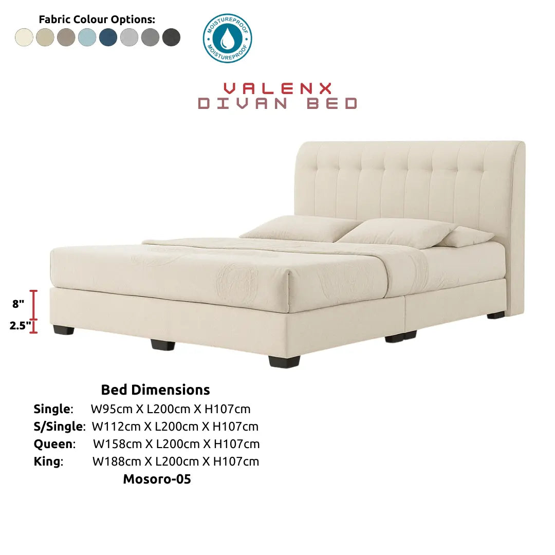 Valenx Designer Divan Bed - Vertical Tufted Headboard with Moisture Proof Fabric Grandeur Furnishings