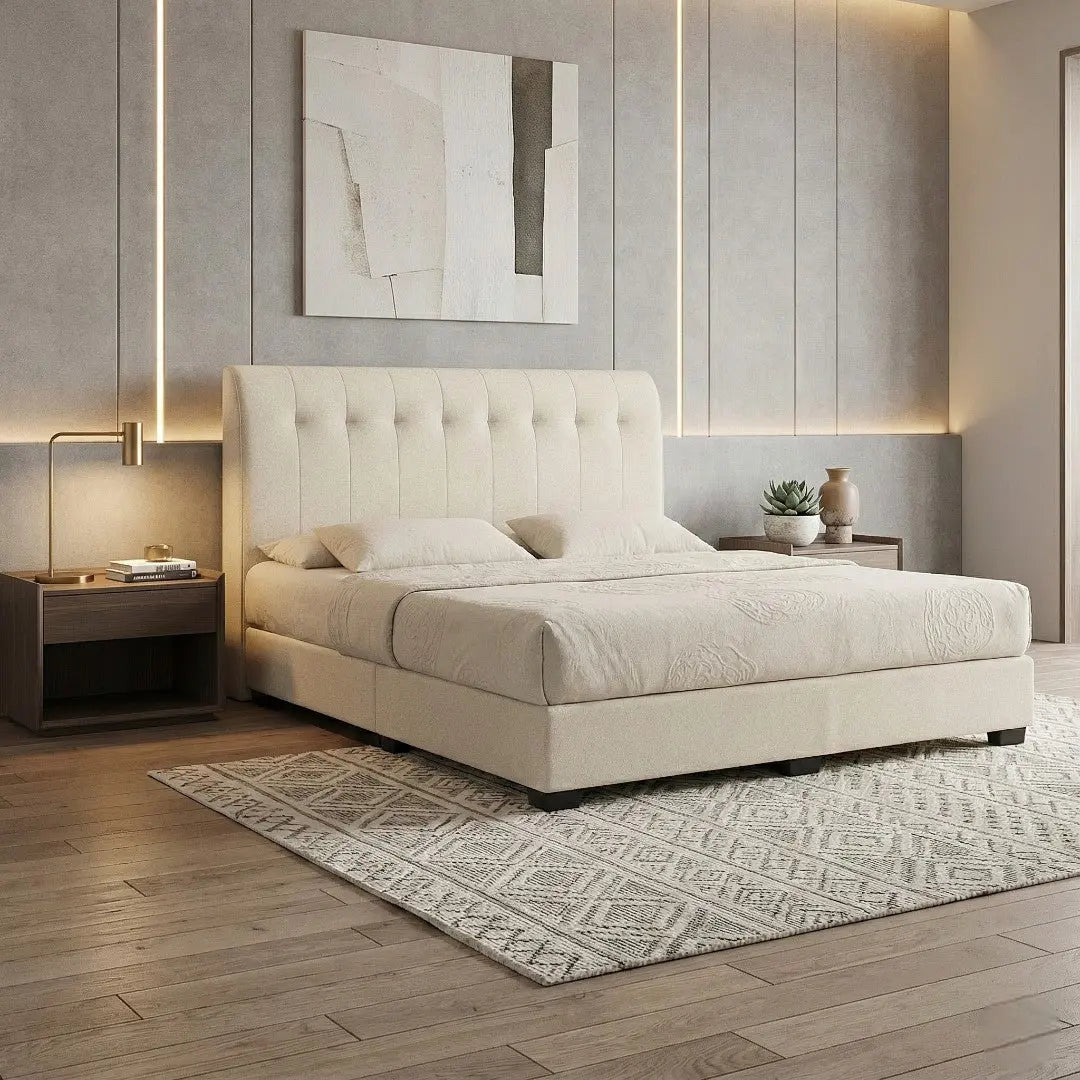 Valenx Designer Divan Bed - Vertical Tufted Headboard with Moisture Proof Fabric Grandeur Furnishings