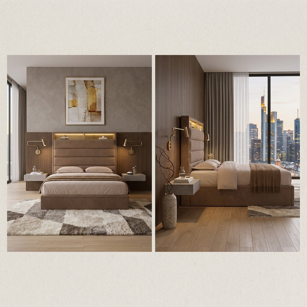 Edera Storage Bed Frame with LED Headboard & Shelf Grandeur Furnishings