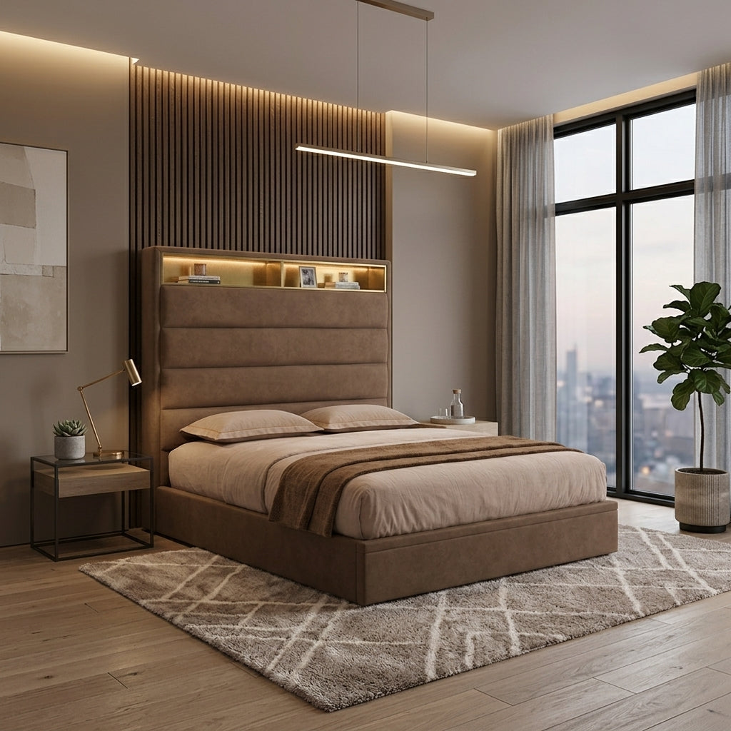 Edera Storage Bed Frame with LED Headboard & Shelf Grandeur Furnishings
