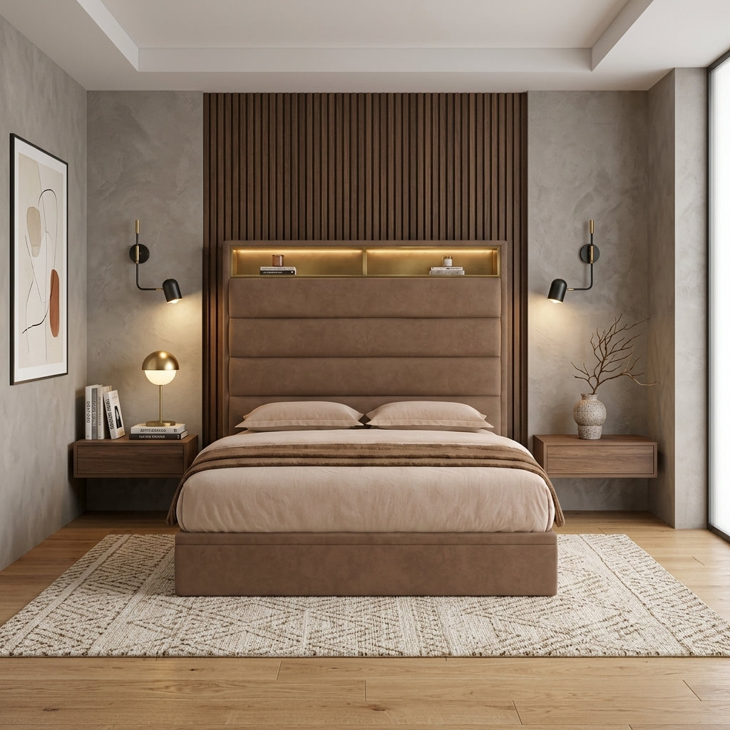 Edera Storage Bed Frame with LED Headboard & Shelf Grandeur Furnishings