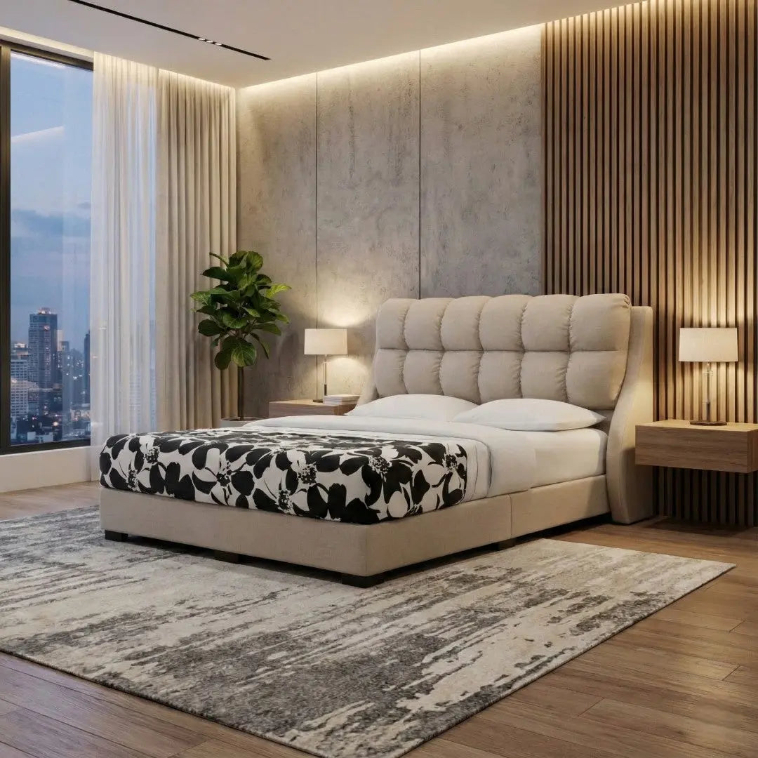 Vespera Fabric Bed Frame with Wingback Cushion Headboard Grandeur Furnishings