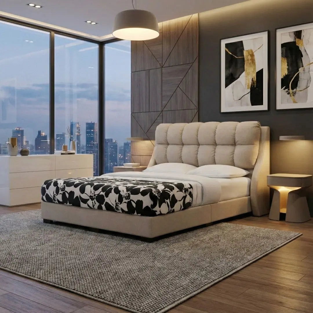 Vespera Fabric Bed Frame with Wingback Cushion Headboard Grandeur Furnishings