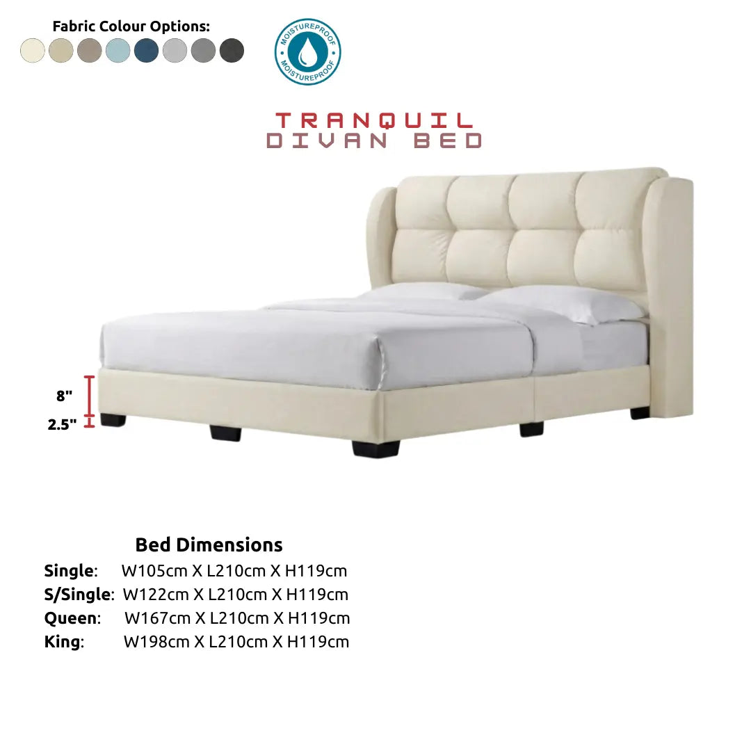 Tranquil Luxury Fabric Divan Bed Frame | High Winged Cushion Headboard Grandeur Furnishings