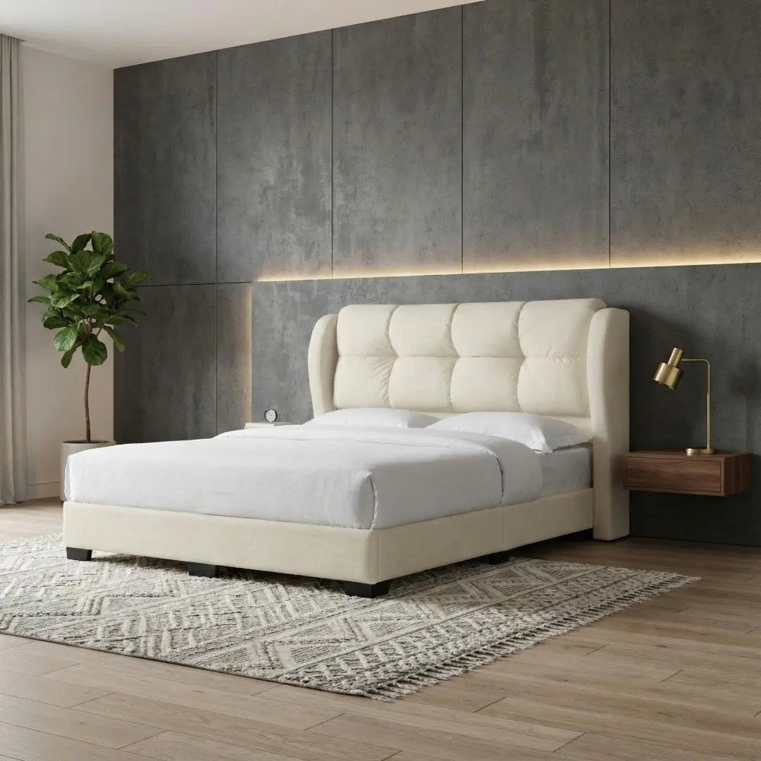 Tranquil Luxury Fabric Divan Bed Frame | High Winged Cushion Headboard Grandeur Furnishings