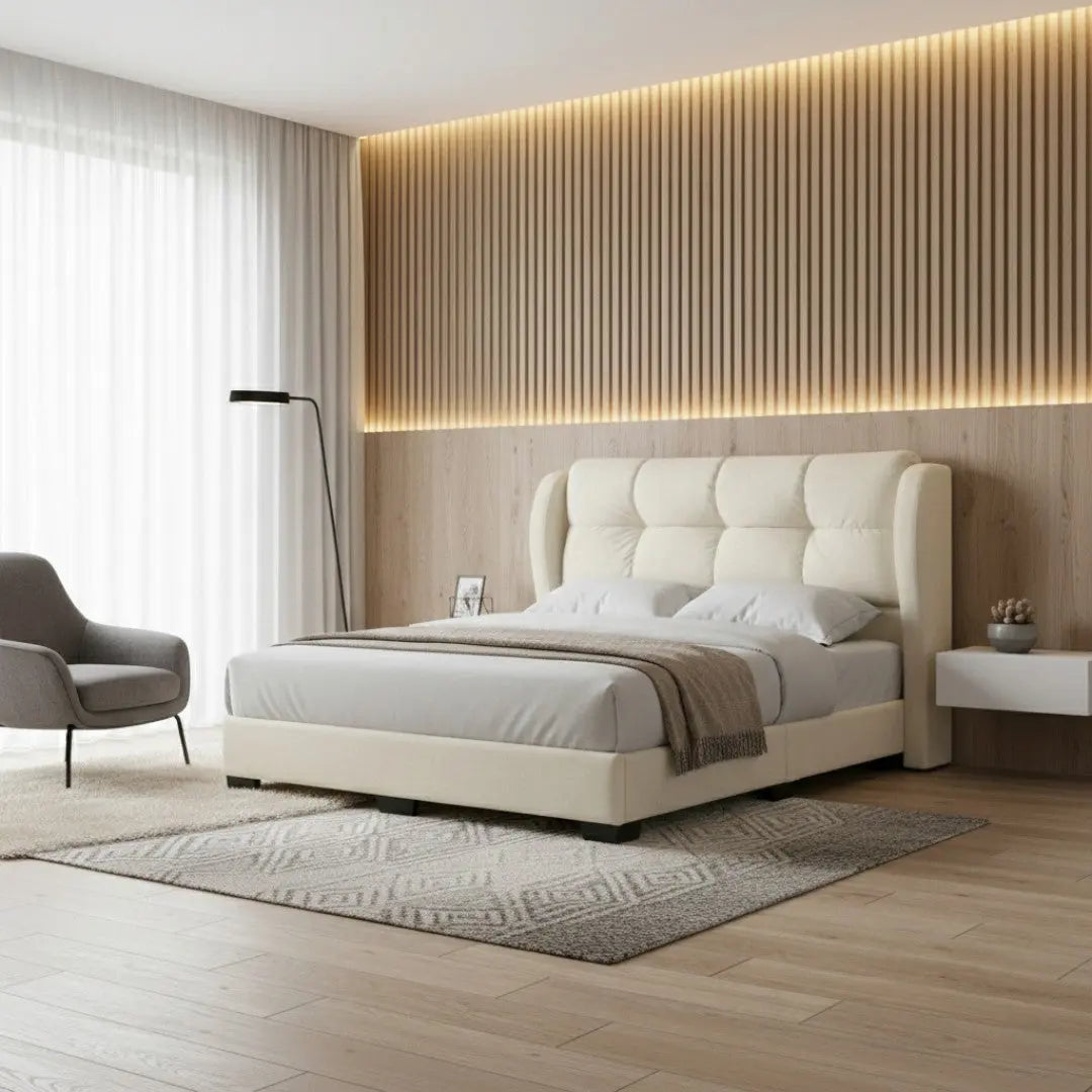 Tranquil Luxury Fabric Divan Bed Frame | High Winged Cushion Headboard Grandeur Furnishings