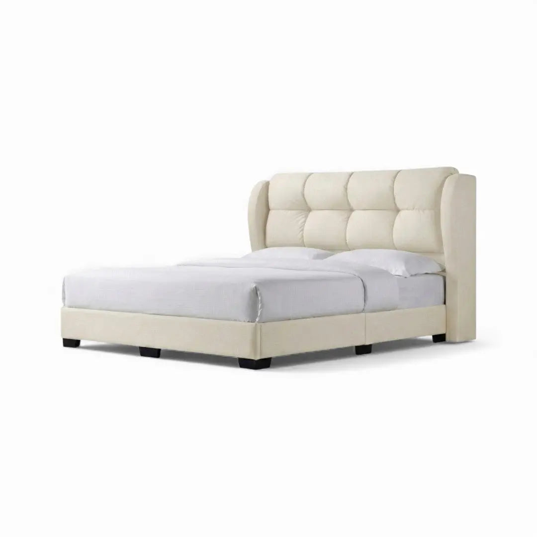Tranquil Luxury Fabric Divan Bed Frame | High Winged Cushion Headboard Grandeur Furnishings