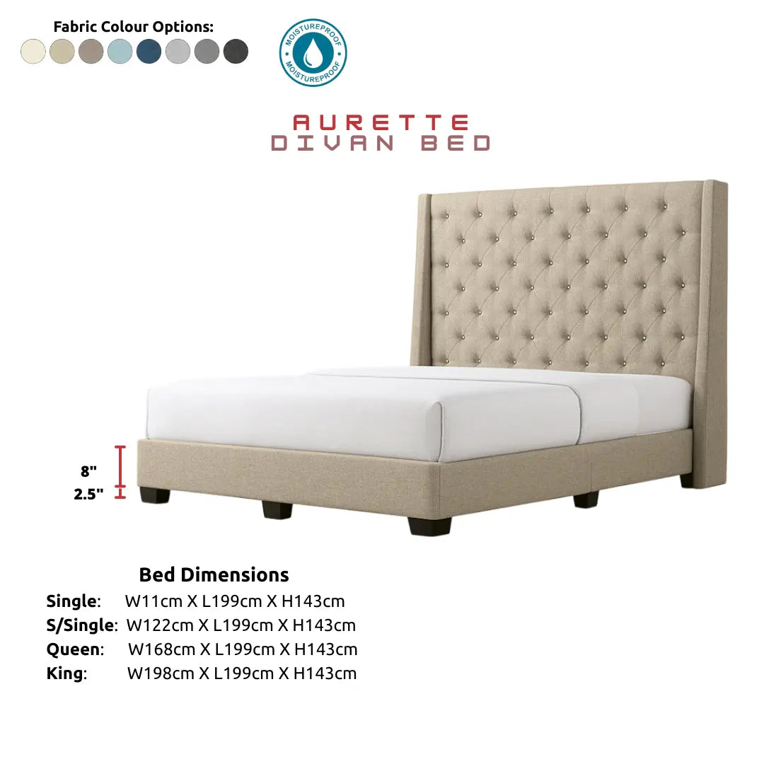 Aurette Grand Series 143cm Tall Winged Headboard Divan Bed - Moisture Proof Fabric & Button Tufted Design Grandeur Furnishings