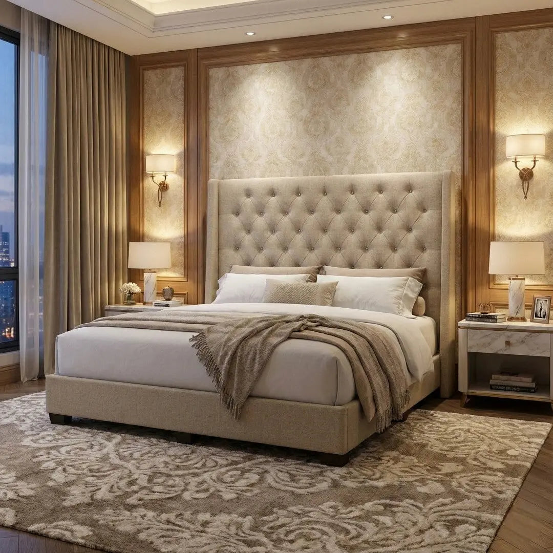 Aurette Grand Series 143cm Tall Winged Headboard Divan Bed - Moisture Proof Fabric & Button Tufted Design Grandeur Furnishings