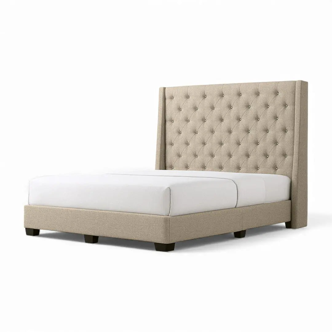 Aurette Grand Series 143cm Tall Winged Headboard Divan Bed - Moisture Proof Fabric & Button Tufted Design Grandeur Furnishings